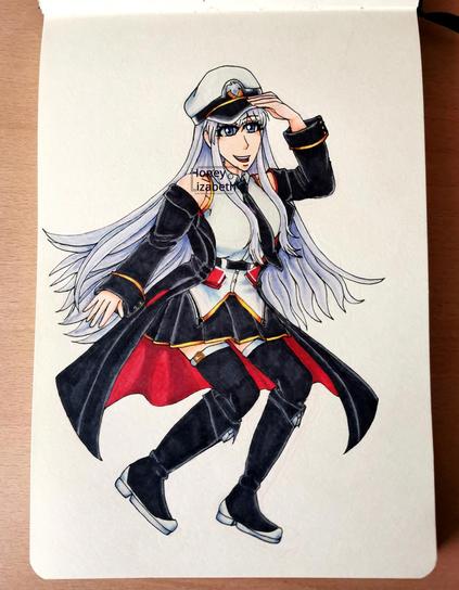 Photo of a sketchbook drawing of Enterprise from Azure Lain.

Idk how to explain her posing more than "floating and grabbing her hat". Also the skirt and the jacket were ment to convay the floating Idea but it kinda looks like I gave her a very big ass accidentally. I apologize.