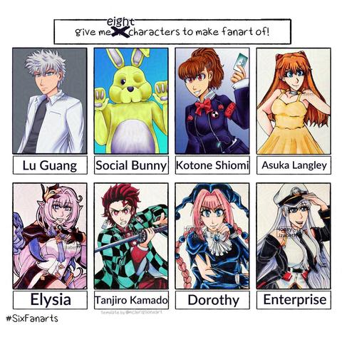 MODIFIED***** Six fanart challenge template with eight slots.
The boxes on the top shelf has the fanart of Lu Guang, Social Bunny, Kotone Shiomi and Asuka Langley.
The first box on the bottom left shelf has the fanart of Elysia, Tanjiro, Dorothy and Enterprise.