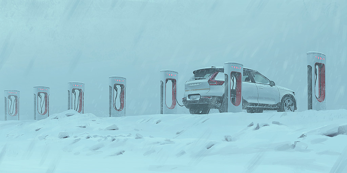 Gemälde von Simon Stålenhag: Es zeigt einen weißen Volvo XC70 (oder so) SUV, wie er an einer von vielen ansonsten leeren Tesla-Superchargern lädt. Die Landschaft ist schneebedeckt und es schneit stark.

Quelle: https://www.simonstalenhag.se/bilder/svema_24.jpg