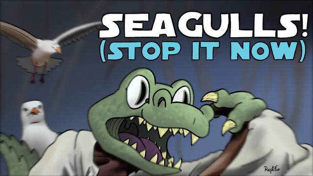A drawing redo of the thumbnail of the video "seagulls (stop it now)" from "Bad Lip Reading" on youtube. You can see a anthro crocodile instead of yoda fleeing from two seagulls. Text on the picture : "Seagulls! (stop it now)"
