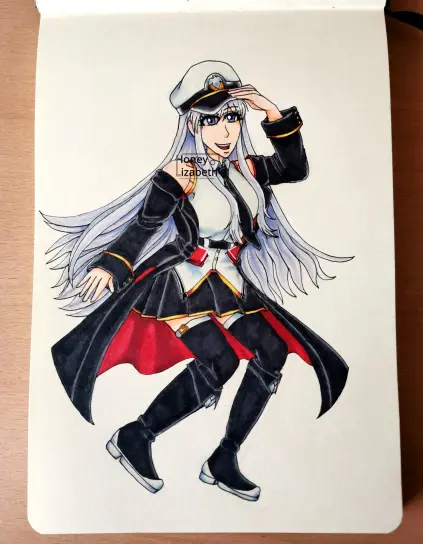 Photo of a sketchbook drawing of Enterprise from Azure Lain.

Idk how to explain her posing more than "floating and grabbing her hat". Also the skirt and the jacket were ment to convay the floating Idea but it kinda looks like I gave her a very big ass accidentally. I apologize.