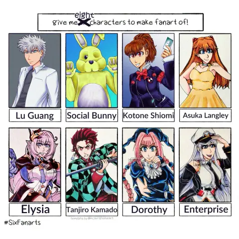 MODIFIED***** Six fanart challenge template with eight slots.
The boxes on the top shelf has the fanart of Lu Guang, Social Bunny, Kotone Shiomi and Asuka Langley.
The first box on the bottom left shelf has the fanart of Elysia, Tanjiro, Dorothy and Enterprise.