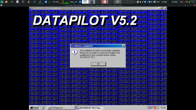 screenshot of a windows 98 system installing "Datapilot V5.2" saying that the installation was successful, but please remember to plug the dongle into your parallel port before starting the software"