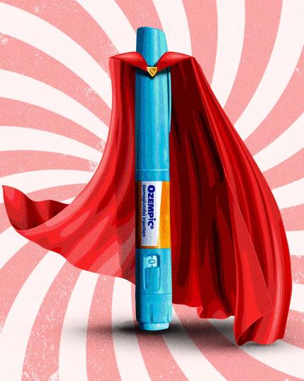 Illustration of a blue Ozelmpic injector pen with a red cape like superman