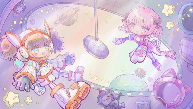 a yume kawaii pastel drawing of a recording booth in a dreamy fantasy space station; a microphone is mounted in the center of the room; to the lower left is VTuber Hakari Kanna in a pretty white and orange spacesuit with the sides of her helmet opened up so her pigtails can stick out; floating in the upper right is another VTuber Amaki Okone in a purple, pink, and white jumpsuit; her cat-ear space helmet is off and floating underneath her; there are also cute little yellow stars and a mouse in a full spacesuit; in the background is a window overlooking planets that seem to be Earth, Mars, Venus, Saturn, and Neptune