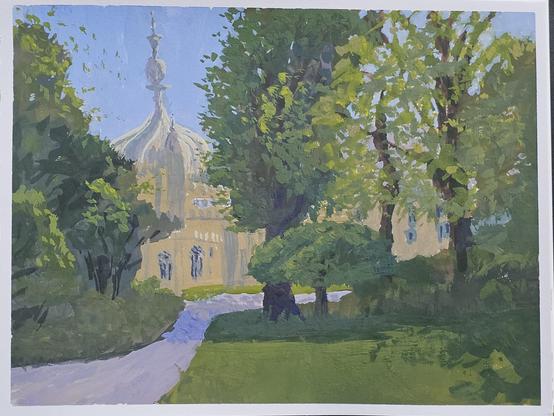 A painting of Royal Pavilion and gardens in Brighton. Lush green trees, blue sky and the sun hitting the dome of the pavilion.