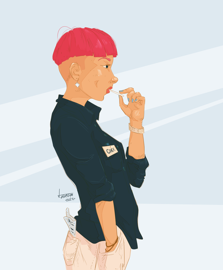 Drawing of a woman in charge of a company, red hair, chef label on, contracts in the pocket. Back in the days she was the 'weird' on becaus eof her looks, now she's in charge. Who's laughing now.