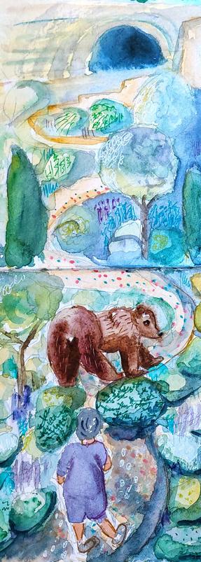 Woman follows bear up mountain of dense Mediterranean shrubs and trees to a cave mouth.