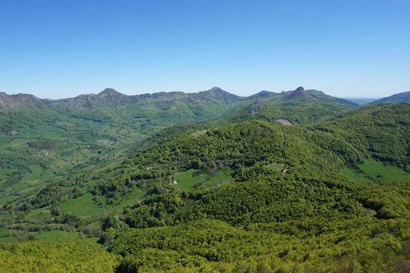 Des crêtes bordées d'une végétation luxuriante avec de belles nuances de vert. Le ciel est bleu et sans nuages.