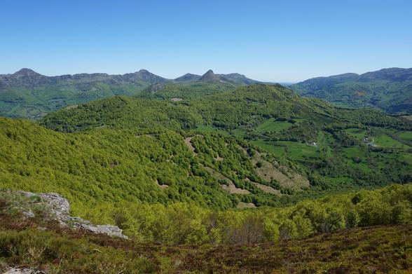 Des crêtes bordées d'une végétation luxuriante avec de belles nuances de vert. Le ciel est bleu et sans nuages.