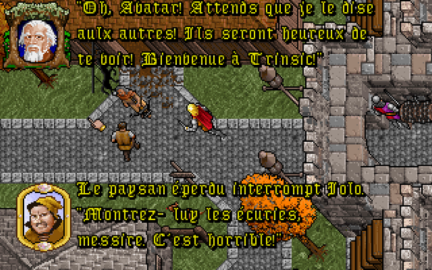 🕶️ A bird's-eye view of Ultima VII: The Black Gate with the Exult engine. The scenery is medieval in pixel art. 2 characters are in discussion, dialogues are in French.

📚️ Ultima VII is the 7th opus of the Ultima series, published in 2 parts, The Black Gate (1992) & Serpent Isle (1993), considered one of the most immersive games ever produced. It is a turn-based 2.5D RPG, with a focus on adventure and puzzle, taking place in the parallel worlds of Britannia and Serpent Isle, threatened by the Guardian, a malevolent entity from another dimension. Exult is a libre and multi-platform compatible and improved engine (NxBR and HQ3x/HQ4x filters support), allowing to finish both games.