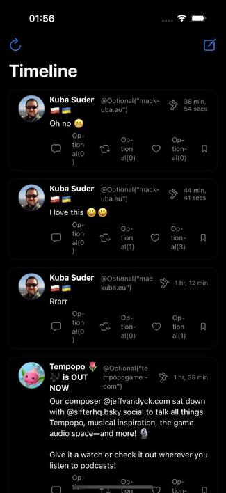 A social media timeline displaying posts by user "Kuba Suder," featuring three tweets with various emojis expressing emotions and a post from "Tempopo" promoting a podcast with a mention of a composer. The interface includes options for interactions like replies and likes