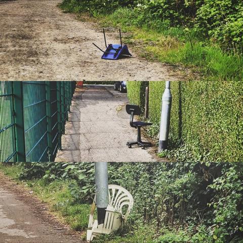 3 photos, the top one showing an upturned blue chair at the side of a dirt track, the middle snowing a black office chair at the side of a paved path and the bottom showing a damaged white plastic chair impaled on a lamppost by a hedge