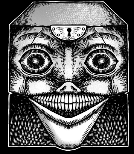 The same box of the page before, now drawn with a very realistic style and lots of hathcing. It looks creepy.