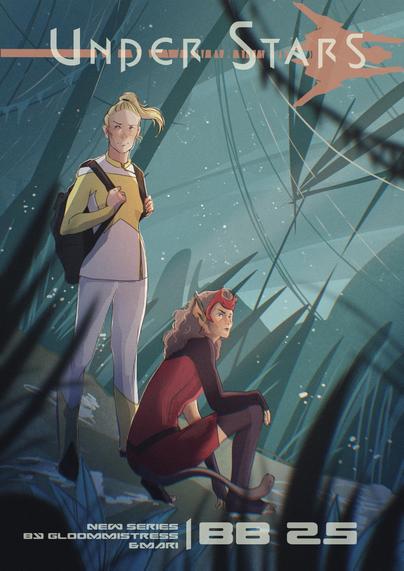 An illustrated scene featuring two characters in a lush, alien environment. The character on the left wears a futuristic outfit and carries a backpack, while the character on the right, with pointed ears (Magicat), sits thoughtfully. The title “Under Stars” is prominently displayed on the top. 

What is this fanfic about?

After a crash and a rescue, Adora and Catra—enemies by fate—must survive together on a hostile planet. Loyalties blur. Sparks fly. In a galaxy at war, trust might be the deadliest weapon. 

You can read this fic on AO3
