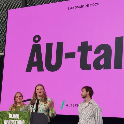 Nikoline Erbs Hillers-Bendtsen taler, mens Marius Enzo og Karoline Lindgaard venter på deres tur. 

Baggrundsskærmen er hissing pink, og der står "ÅU-taler" (ÅU er Alternativet's Unge).

Alternativet's logo er i bunden.