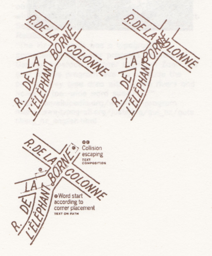 An extract from manual text placement on a map with an attempt to imagine algorithm for automatic text placement which produce the same interweaving.
