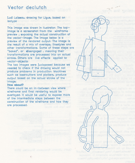 "Vector declutch
Ludi Loiseau. drawing for Ligue based on isotype This image was drawn in llustrator. The top image is o screenshot from the wireframe preview, exposing the actual construction of the vector image. The image below is a preview of the rendered output. The image is the result of o mix of overlaps, linestyles and other transformations. Some of these steps are “baked”. or disengaged . meaning their transformations cre processed into an actuel stroke. Others are live effects opplied to vector-objects. The two images were juxtaposed because we needed to check if the drawing would not produce problems in production. Machines such as lasercutters and plotters, produce output based on the actual stroke of the image. How about? There could be an in-between view where wireframe and final rendering would be overlayed. It would be useful to expose more of the intermediate steps between the construction of the wireframe and how they are processed."