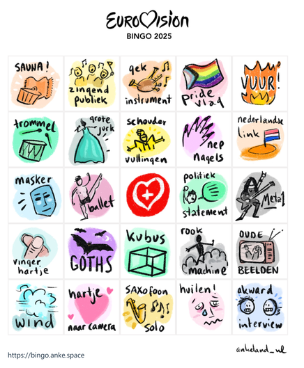 A Eurovision bingo card, a 5x5 grid containing colourful cartoon drawings and captions like "zingend publiek" (singing crowd), "grote jurk" (huge dress), "rook machine" (smoke machine), "saxofoon solo" (sax solo) and "sauna" (sauna).