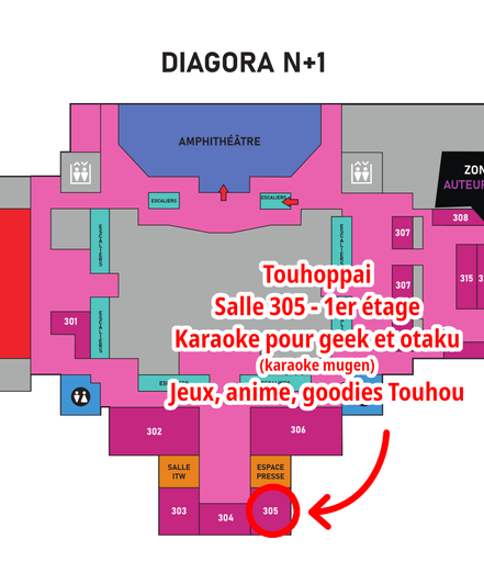 Plan du 1er étage du diagora, à Labège, près de Toulouse avec le stand Touhoppai, 305, en évidence