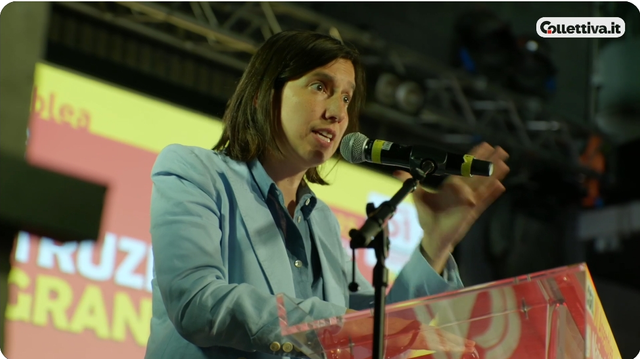 Una fotografia di Elly Schlein, ospite della XII Assemblea Nazionale della FILLEA CGIL.