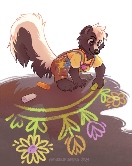 art of a skunk kid crouching down on asphalt. she's wearing paint splattered overalls with rainbow straps and pockets stuffed with chalk as she draws a big arc of green as grass below flowers she's already drawn