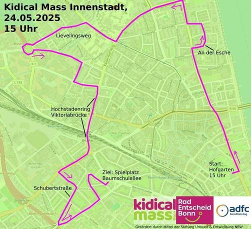Ein Kartenausschnitt mit der Route der Kidical Mass. Die Tour startet am Hofgarten und Endet am Spielplatz Baumschulwäldchen.