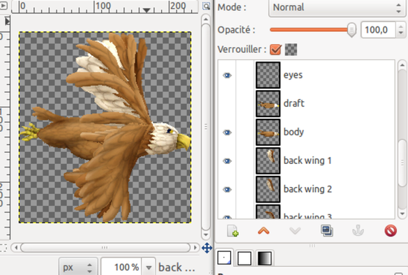 🕶️ A view of its UI with a sprite representing an eagle (on the left), cut into different layers (on the right).

📚️ Pack My Sprites is a collection of libre tools automating the generation of sprite sheets from a collection of images made with GIMP. The method exempts the user from producing intermediate image files. In this way, all he has to do is draw the image and specify which frames should be used for each sprite, then refer to it to generate the sprite sheet.