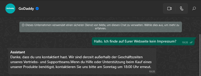 Screenshot eines WhatsApp-Chats mit GoDaddy