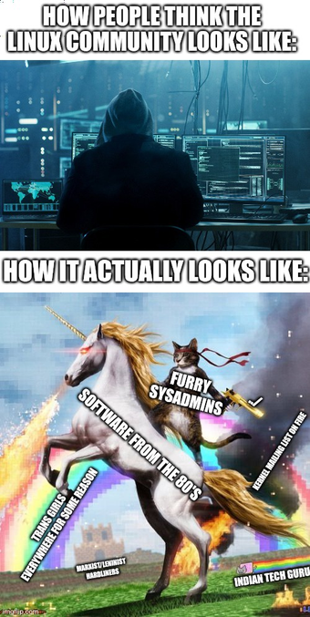 A meme. The top text is "how people think the linux community looks like" with some cool-tone matrixy-teal cybercyber hoodie situation.

the bottom is, 'how it actually looks like' with a picture of a unicorn rampant (software from the 80s) being ridden by a kung-fu headbanded cat (furry sysadmins) wielding a gold desert eagle ( dot-dot-slash ) in front of a massive wildfire (kernel mailing list on fire ) with a nyancat streaking in from the side (indian tech guru) with a mario castle in the rear (marxist/leninist hardliners) and a glorious pixellated rainbow (trans girls everywhere for some reason)