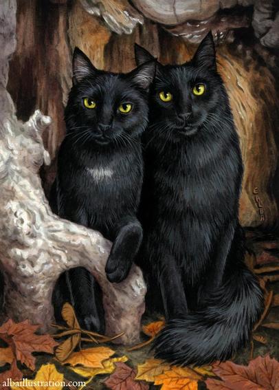 Painting of two black cats sitting next to each other in a maple tree. they have yellow eyes and are looking at the viewer. Autumn leaves on the ground.