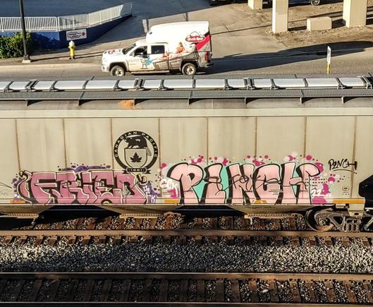 Train car with graffiti rolling through Kamloops BC Canada