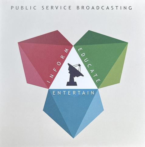 The picture shows the cover of a vinyl from a band called Public Service Broadcasting. The background is white and three prisms, one red one blue and one green are forming a triangle. In the red is written inform, on the green educate, on the blue entertain. The triangle they create encloses the silhouette of an antenna similar to a radio telescope