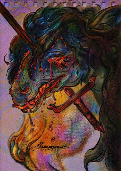 A digital drawing of a snarling, anthropomorphic unicorn character. They have a sword stuck through their head that makes it look like a horn.