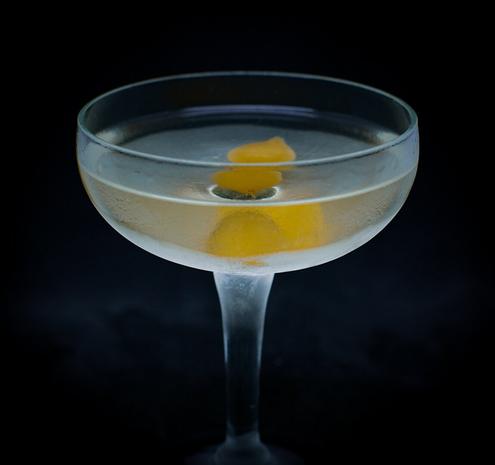 The cocktail itself in a chilled coupe and garnish with two cocktail onions