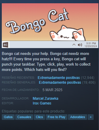 Captura de la ficha de descripción del juego en Steam.

La descripción reza: "Bongo cat necesita tu ayuda. ¡¡¡Bongo cat necesita más sombreros!!! Cada vez que presionas una tecla, Bongo cat golpeará tu barra de inicio. ¿Cuántos sombreros podrás encontrar?"

La criticas tanto recientes como generales obviamente son "Extremadamente positivas". El desarrollador es Marcel Zurawka y el editor Irox Games.