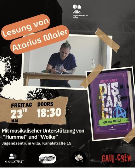 Flyer für die Lesung von Atarius Maier, s
Am 23.05. Im Jugendzentrum Augsburg