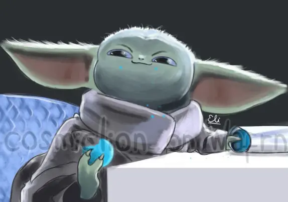 Digital fully rendered illustration of Grogu from The Mandalorian (drawn from the waist up). It is a redraw of a screenshot of an episode. He is at a school, sitting at a desk. He is holding a half-eaten blue cookie in his right hand and the rest of the package in his left hand. He is looking at someone who is out of frame with a smug smile.