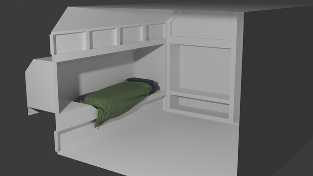 A small white room modelled in Blender.
In the Bed recess is a purple mattress, blue pillow, and green draped duvet.