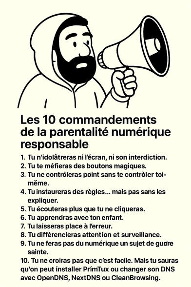 Illustration en noir et blanc. Bernard l’Ermite, personnage barbu en hoodie, tient un mégaphone et semble proclamer un message avec sérieux. Sous lui, le titre “Les 10 commandements de la parentalité numérique responsable” est écrit en gros.
Les dix commandements sont listés en typographie claire et lisible, abordant la relation parent-enfant face aux écrans, dans une optique de numérique responsable. Le dernier commandement évoque l’usage d’outils comme PrimTux, OpenDNS, NextDNS ou CleanBrowsing.