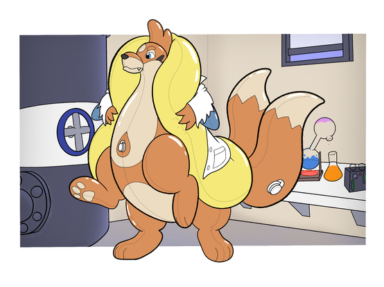 EveTheInflatable post transformed into a pooltoy Floatzel taur with an extra inflated floatation sac around them.  Labratory background with a large tank and potion brewing behind them.