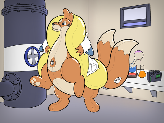 EveTheInflatable post transformed into a pooltoy Floatzel taur with an extra inflated floatation sac around them.  Labratory background with a large tank and potion brewing behind them.  (Removed white border)