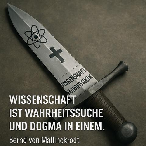Das Bild zeigt ein fotorealistisches Stillleben mit einem mittelalterlich anmutenden Schwert, das diagonal auf einem rauen, steinähnlichen Untergrund liegt. Die Bildsprache ist klar, ernst und symbolträchtig – durch Licht und Schatten entsteht eine ehrfürchtige Atmosphäre, die den Betrachter unmittelbar in einen Reflexionsraum über Erkenntnis, Macht und Grenzen versetzt.

Detaillierte Bildbeschreibung:
	•	Schwert als zentrales Motiv:
Das Schwert symbolisiert Ambivalenz – es steht für Erkenntnis und Zerschneidung von Irrtum, aber auch für Grenzziehung und potenzielles Dogma.
Es ist eine klassische Zweihandklinge mit metallisch glänzender Klinge, an deren Schneide zwei Begriffe eingraviert sind:
„WISSENSCHAFT“ und „WAHRHEITSSUCHE“ – beide in klaren, schwarzen Versalien. Sie erscheinen parallel auf der Klinge nahe der Parierstange, was die Verbindung von Rationalität (Wissenschaft) und menschlichem Streben nach Erkenntnis (Wahrheitssuche) unterstreicht.
	•	Symbole auf der Klinge:
Oberhalb dieser Begriffe sind zwei markante Symbole eingraviert:
Links ein Atommodell, das für moderne Naturwissenschaft und technisches Weltverständnis steht,
rechts ein Kreuz, das auf die metaphysische, religiös-kulturelle Dimension verweist.
Diese Gegenüberstellung zeigt die Spannung zwischen Spiritualität und Empirie – oder auch zwischen Offenbarung und Beweisführung.
	•	Zitat im unteren Bildbereich:
In prägnanter, weißer Typografie steht unten links das Zitat:
„WISSENSCHAFT IST WAHRHEITSSUCHE UND D