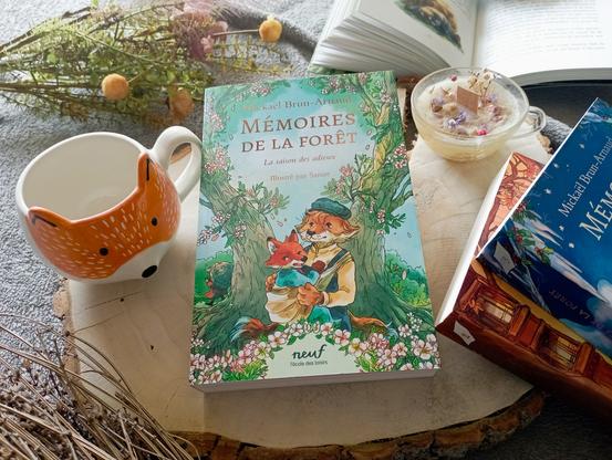 Une photo du livre Mémoires de la forêt, tome 4, de Mickaël Brun-Arnaud et Sanoe entouré d’objets de décoration.