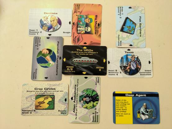 A power structure from the card game Illuminati by Steve Jackson Games. The center card is The UFOs. Their control a chain of groups from the north consisting of Big Medicine, who controls the Dentists, who in turn controls the Fiendish Flouridators. To the easy, the UFOs control Texas, which in turn controls the Flat Earthers. To the south, the UFOs control the Alien Abductors, who themselves control Crop Circles. To the bottom right of the field is a special action card entitled Deep Agent.