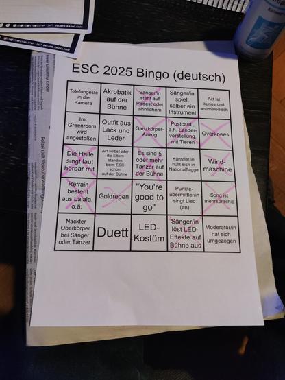 ESC 2025 Bingozettel, bei dem Optionen wie "Windmaschine", "Overknees" etc schon angekreuzt sind