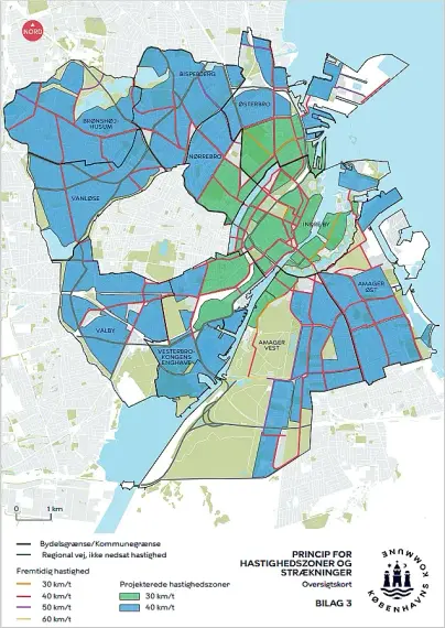 Map of Copenhagen showing blue areas that have/will become 40km/h zones, and green areas around the city center which have/will become 30km/h zones (with several main streets excepted). The whole in the center left is Frederiksberg which just keeps their streets at 50km/h.