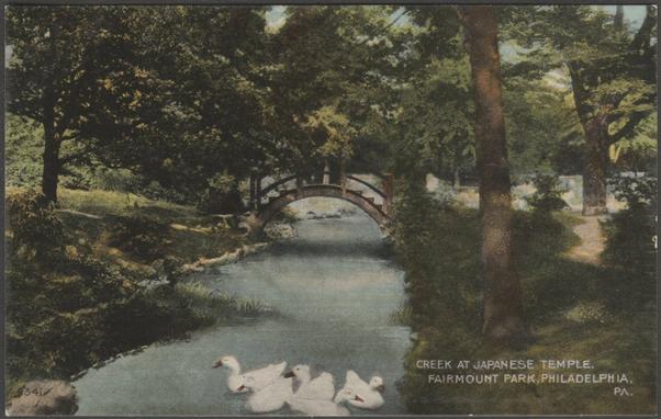 Printed colour postcard showing a view of the creek at the Japanese Temple in Fairmount Park, Philadelphia, Pennsylvania, USA.

Publisher not stated, No 2341, c.1910.

Postally unused.

Very good condition, with very slight corner bumps.