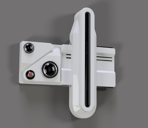 A rendered 3D model of the baseline scanner from Blade Runner 2049. It is a white device with a horizontal base and a vertical scanner that travels left to right in the right half. It has a black glossy center piece.
