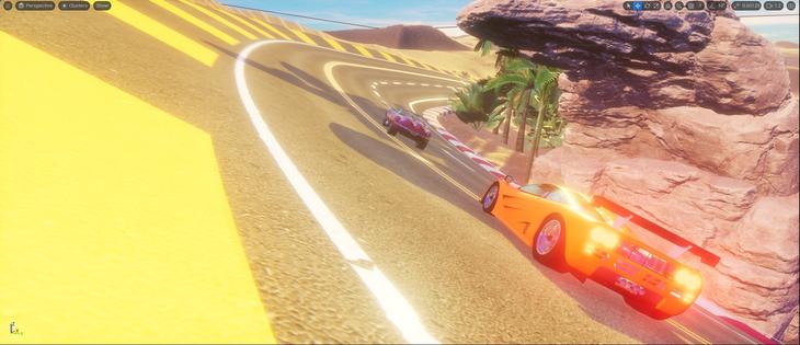 A McLaren F1 chasing down a custom Jaguar XKSS hotrod through a banked curve lined with palm trees under the gleaming summer sunshine. Screen capture taken from the in-development arcade racing game Street Hornets, built in Unreal Engine (UE5).